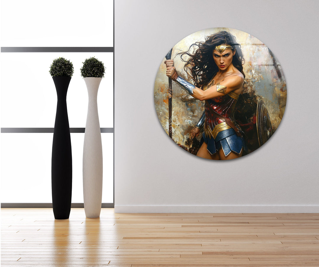 Wonder Woman Fighting Glass Wall Art photo print on glass, prints on glass wall art
