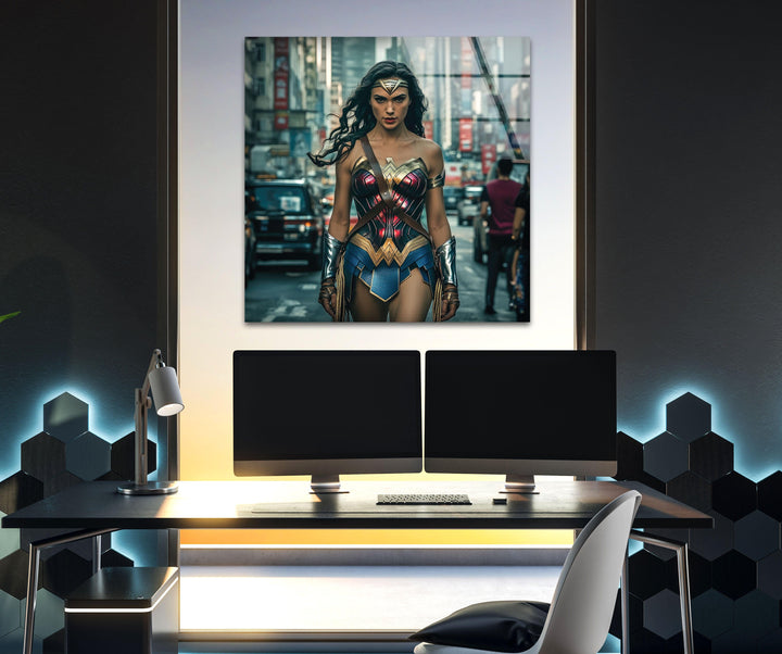 Wonder Woman in City Glass Wall Art stained glass wall art, stained glass wall decor
