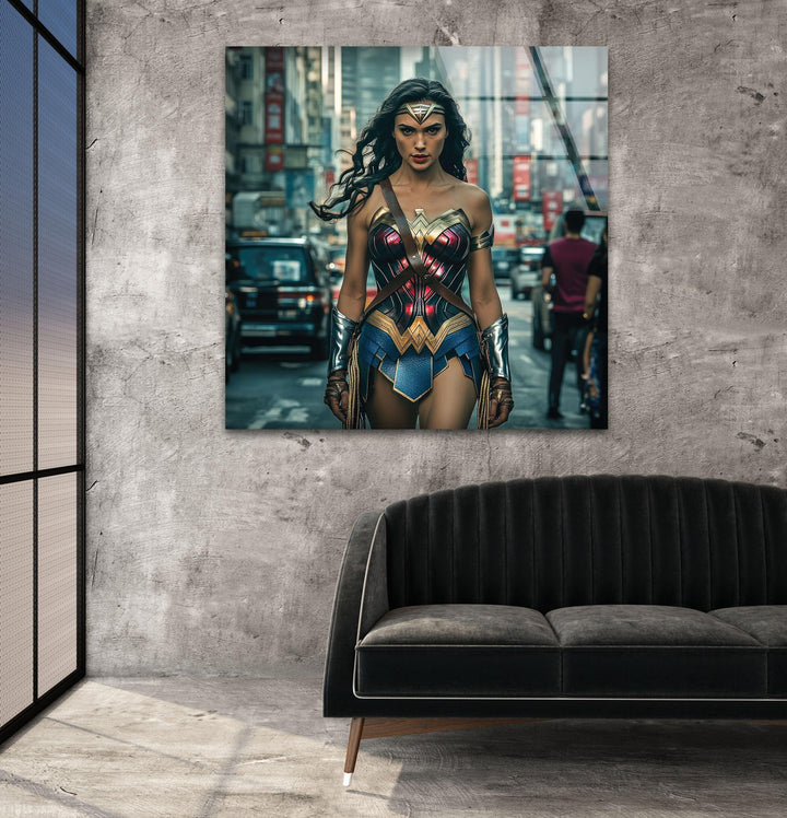 Wonder Woman in City Glass Wall Art print picture on glass, Tempered Glass Wall Art
