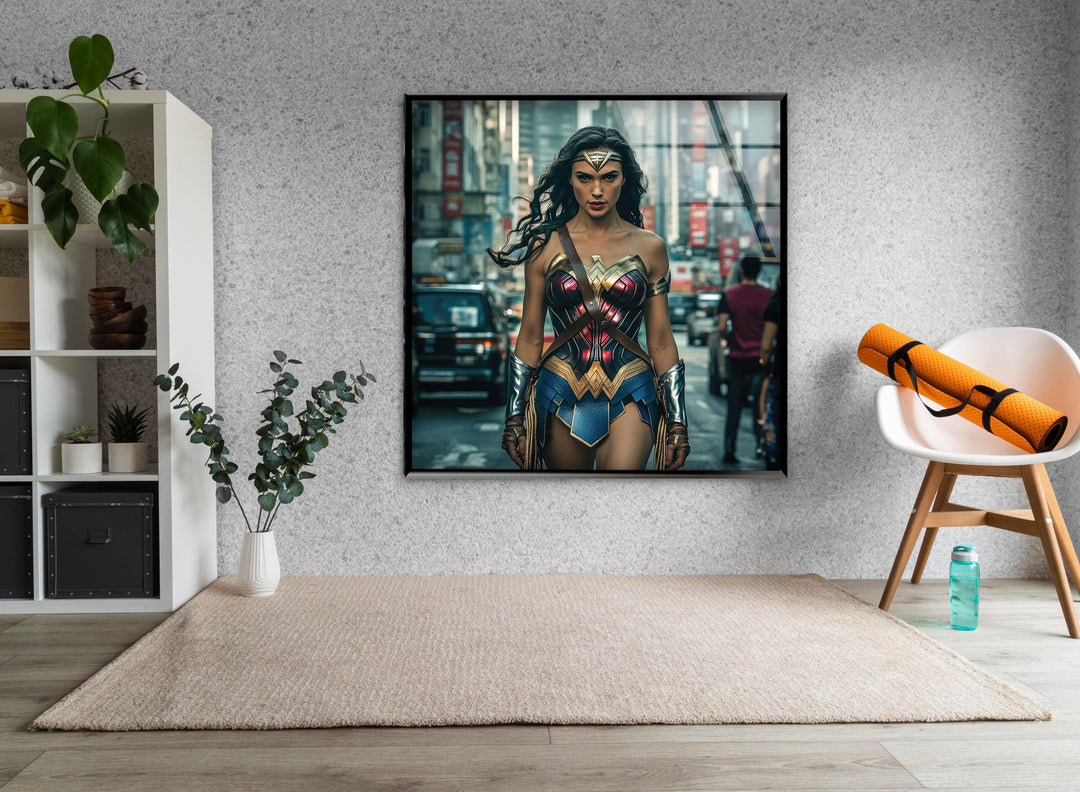 Wonder Woman in City Glass Wall Art glass wall decor, glass wall art decor
