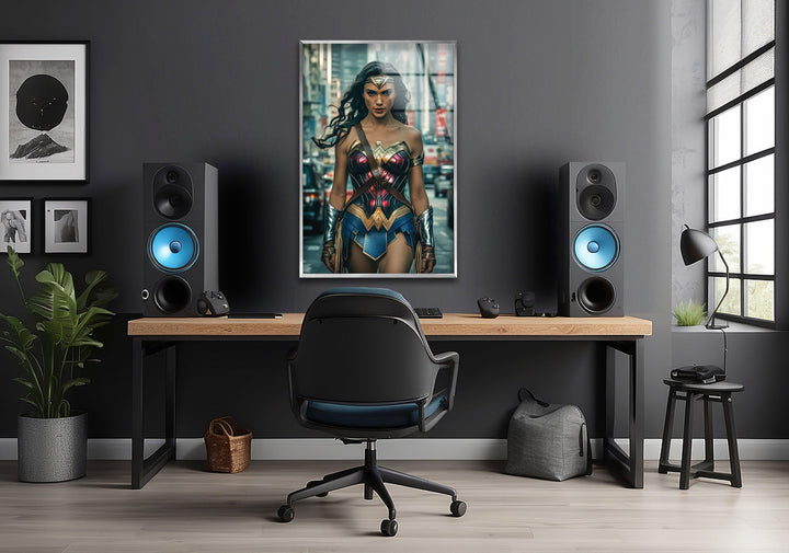 Wonder Woman in City Glass Wall Art glass art painting, glass art for the Wall
