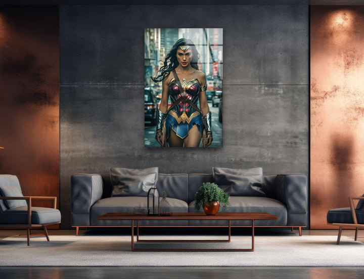 Wonder Woman in City Glass Wall Art art glass wall art, glass wall art pictures
