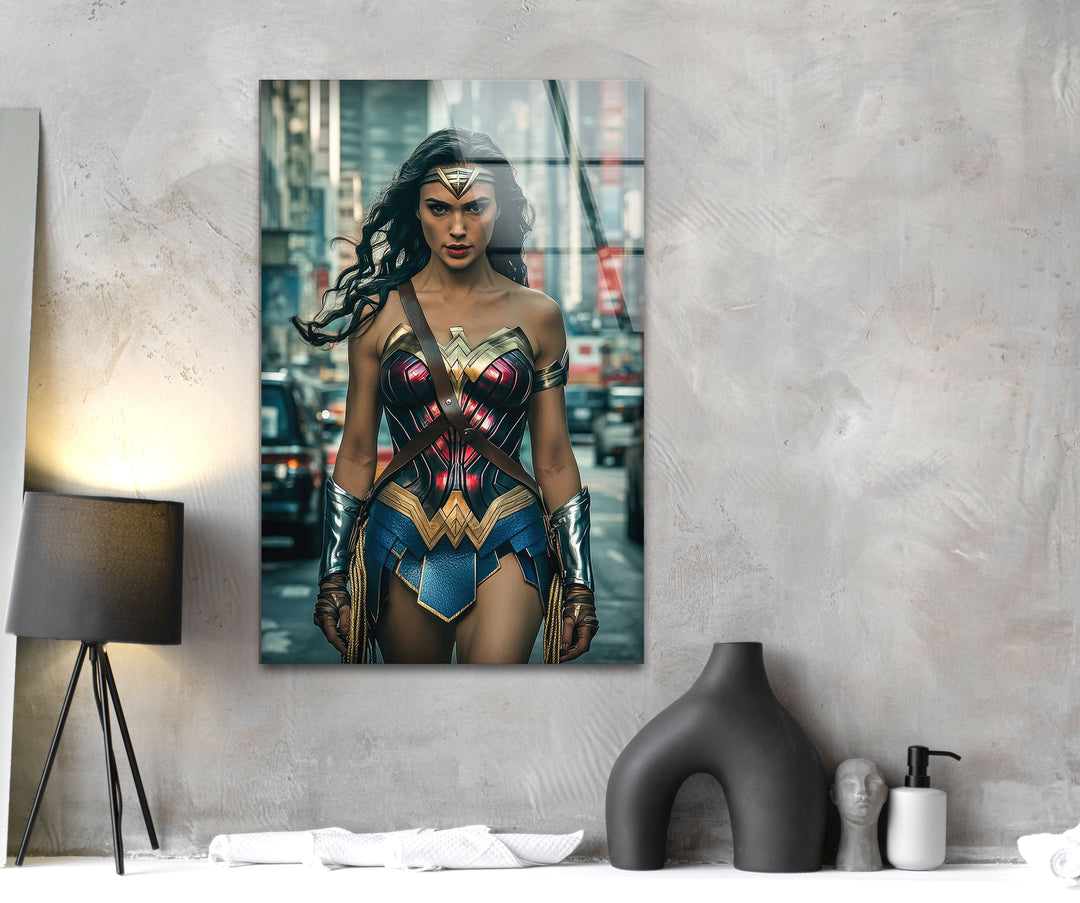 Wonder Woman in City Glass Wall Art Glass Printing Wall Art, Print photos on glass
