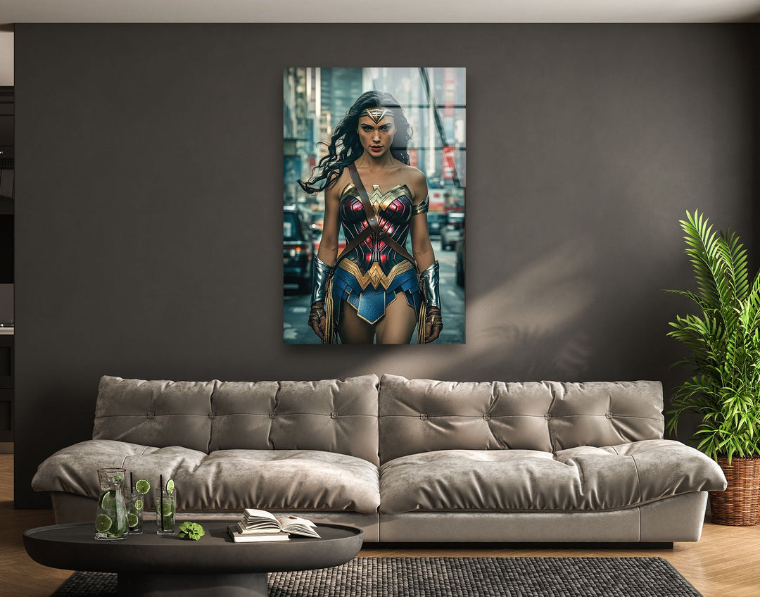 Wonder Woman in City Glass Wall Art print on glass, glass printed photos
