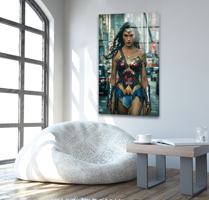 Wonder Woman in City Glass Wall Art glass image printing, glass prints from photos
