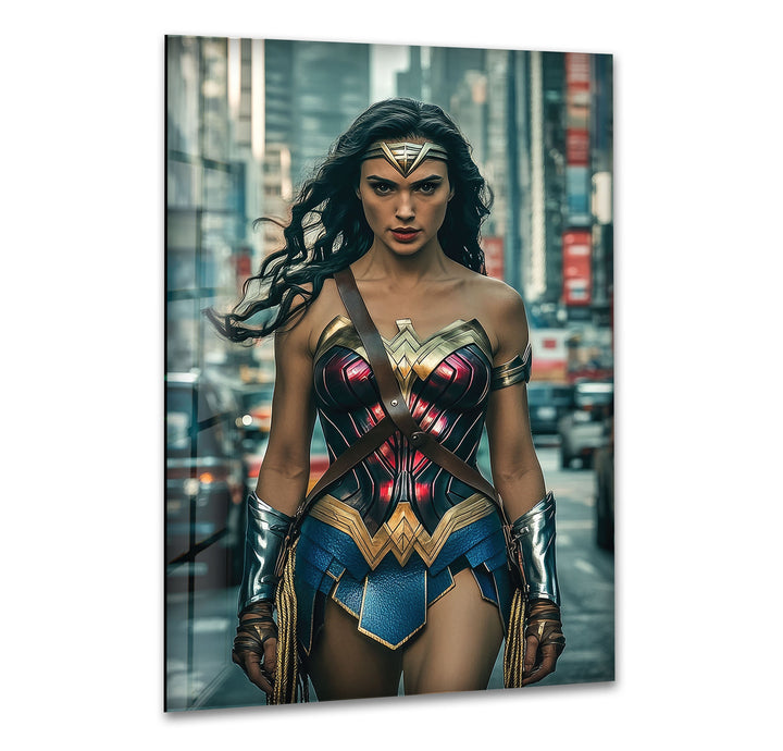 Wonder Woman in City Glass Wall Art picture on glass wall art, photos printed on glass
