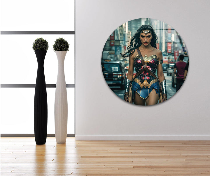 Wonder Woman in City Glass Wall Art glass pictures for Wall, glass prints wall art
