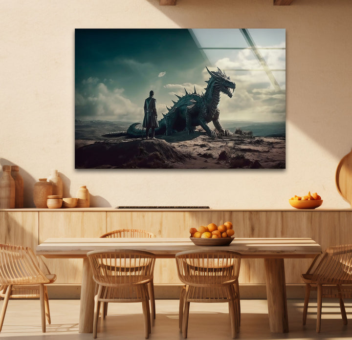 A powerful dragon and its rider stand tall in this stunning glass wall art, perfect for adding fantasy to any space.
