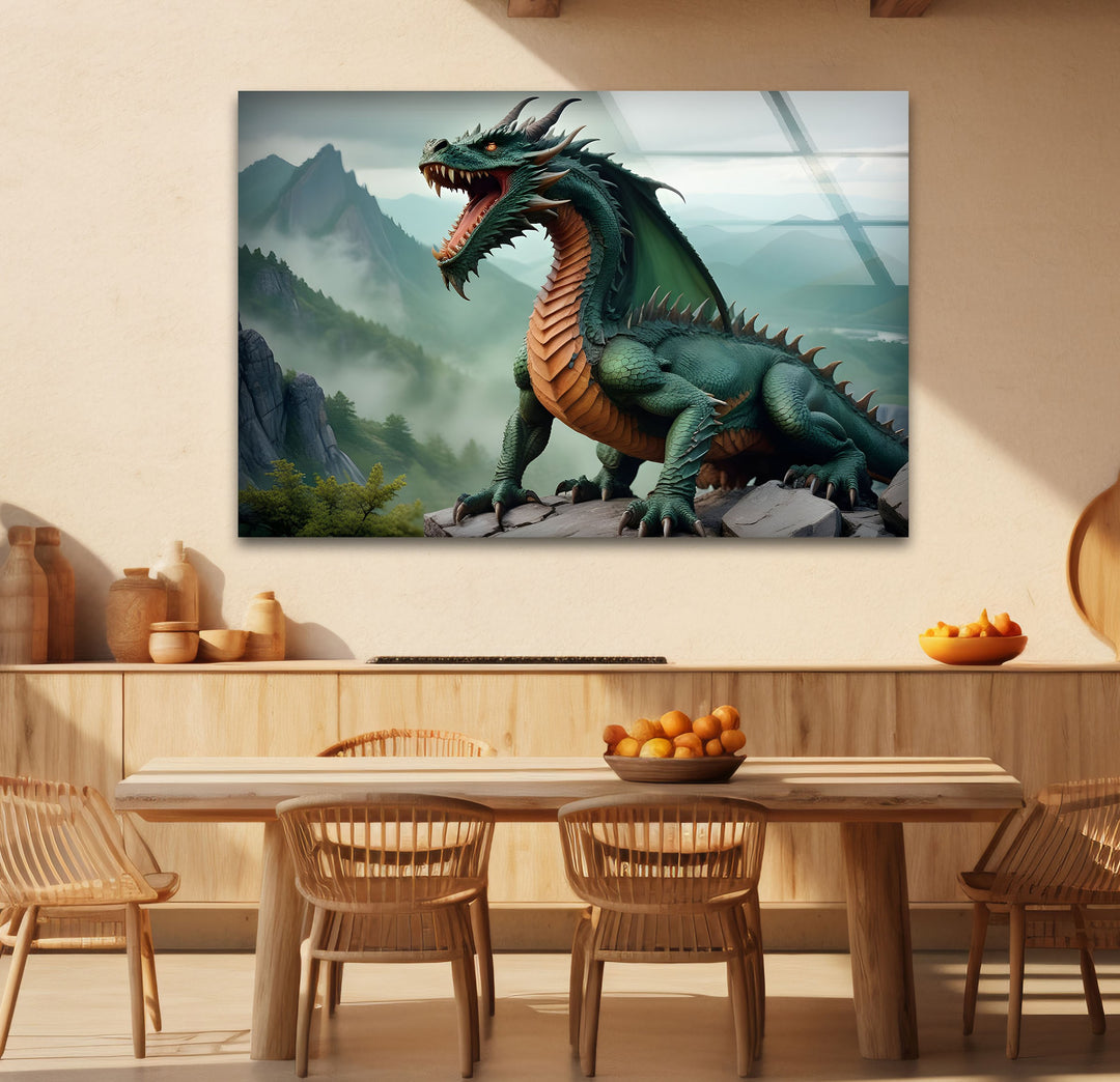 Let the mythical energy of a green dragon ignite your room with this captivating glass wall art.
