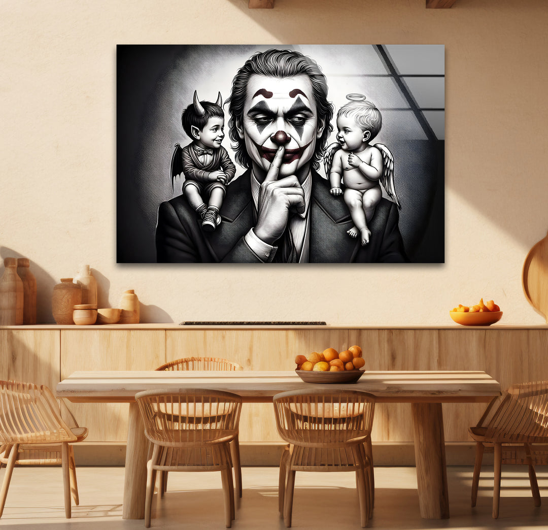 Timeless black and white paintings of the Joker in a reflective pose, perfect for modern interiors.