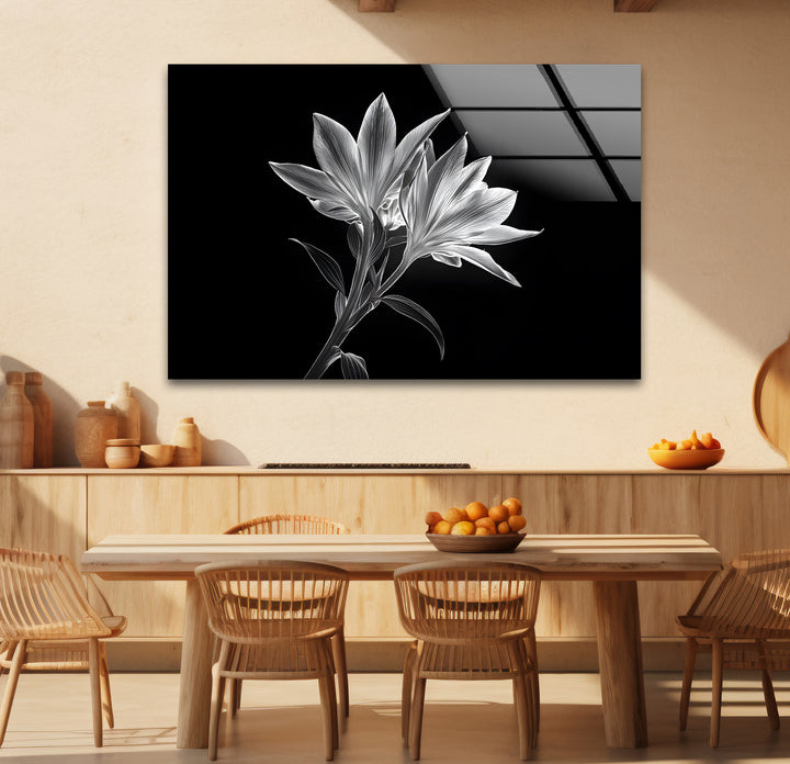 Unique black and white wall decor showcasing x-ray lilies in a creative and artistic design.