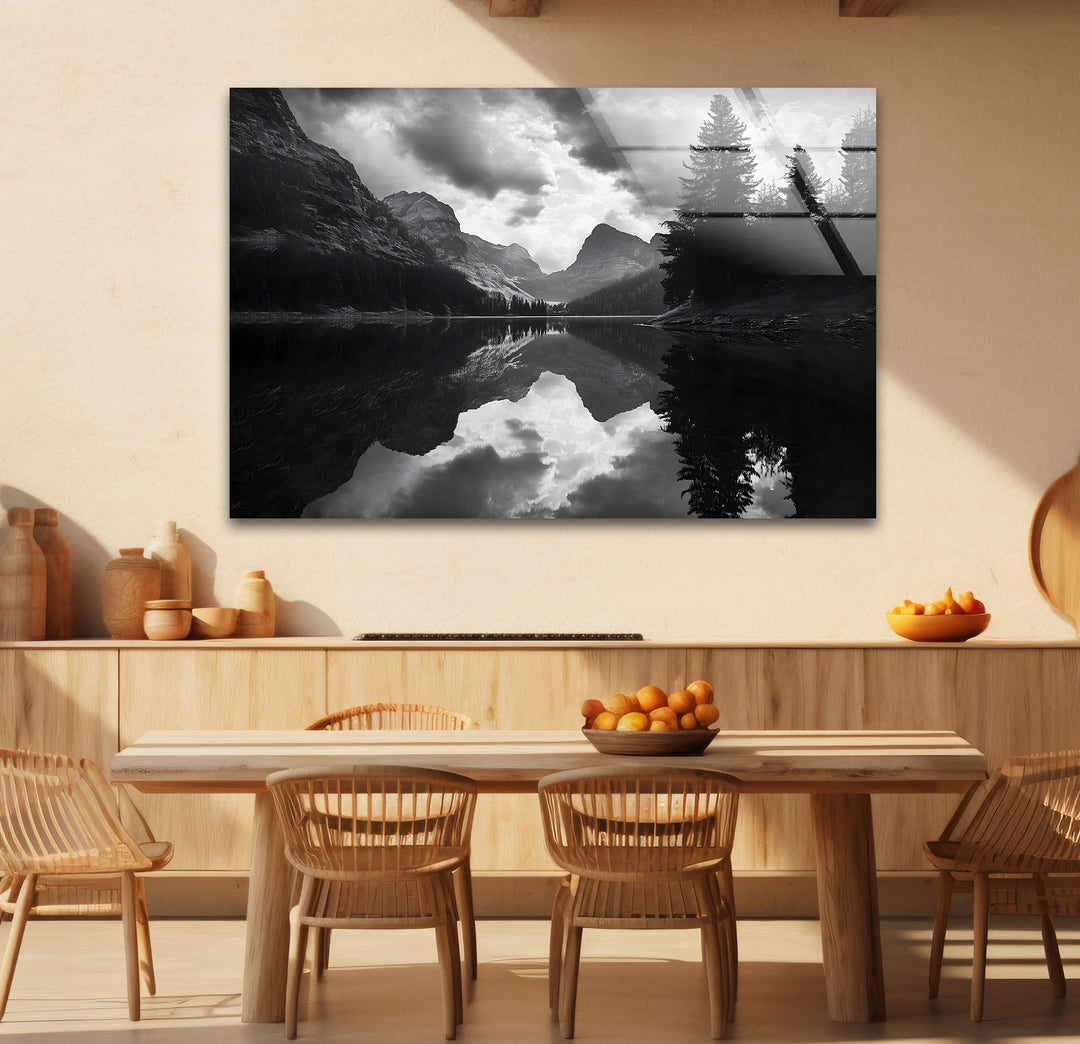 Bold black and white framed art of a lake landscape blending natural beauty with artistic sophistication
