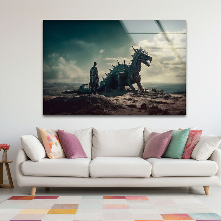 A majestic dragon and its rider, captured in intricate detail, bringing fantasy and adventure to your walls on glass.
