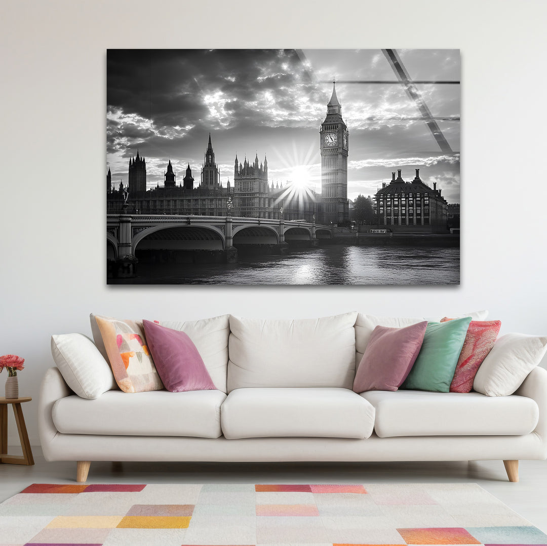 Refined black and white abstract drawings featuring a creative interpretation of Westminster Bridge
