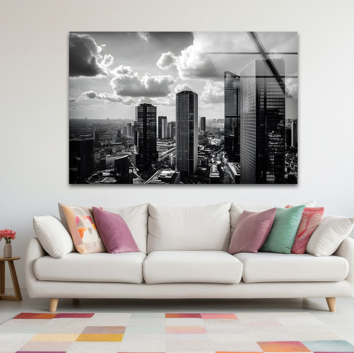 Unique black and white wall art featuring an aerial view of a metropolitan skyline.