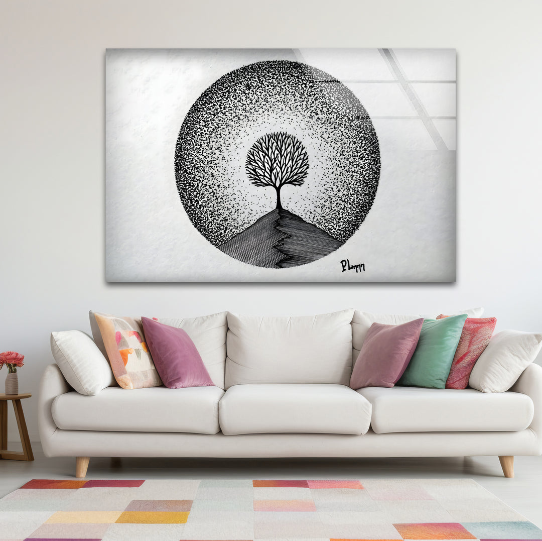 Unique black and white wall decor featuring an abstract interpretation of a tree.