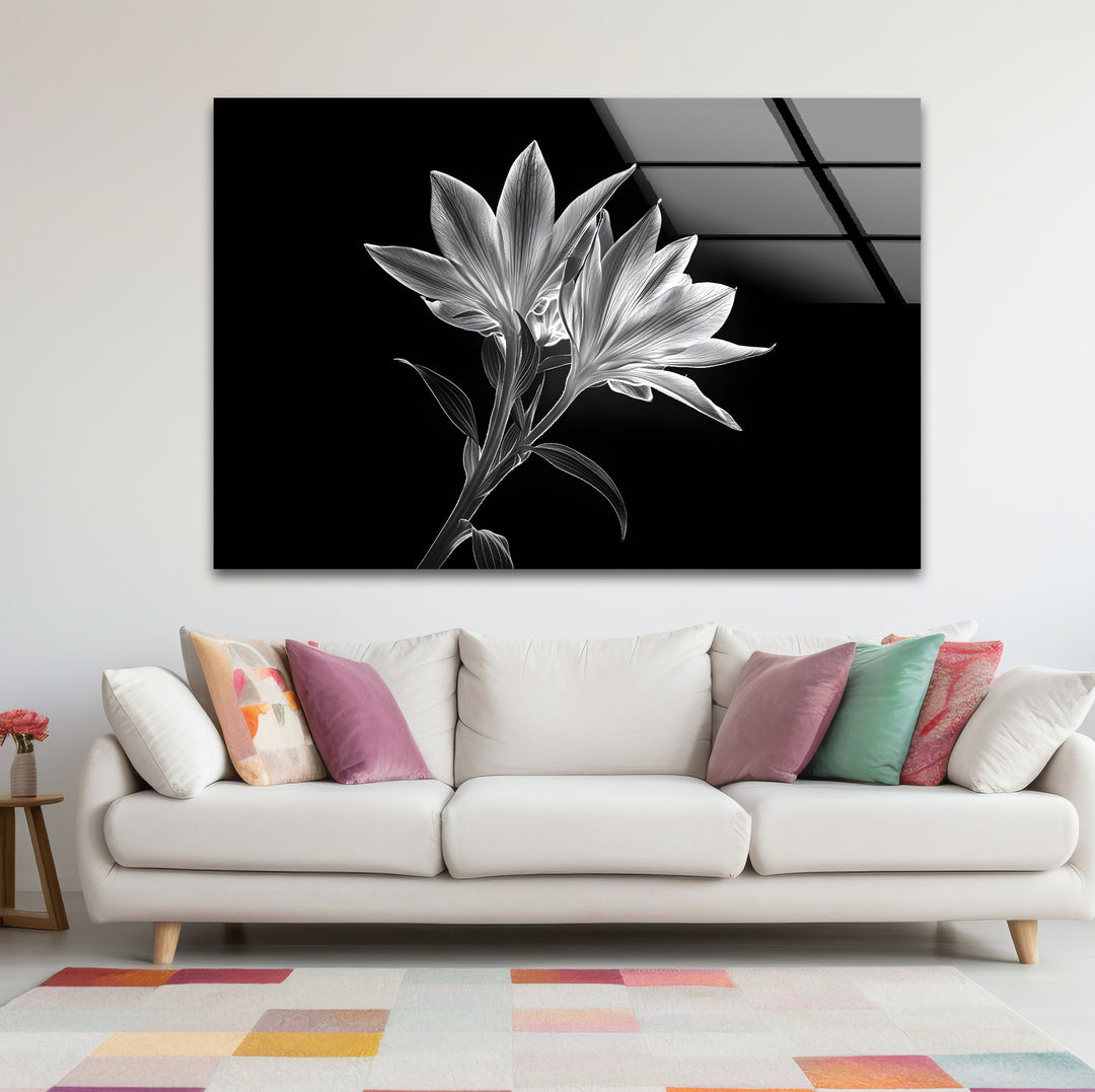 Chic black and white wall art of x-ray lilies, ideal for creating a serene and modern ambiance.