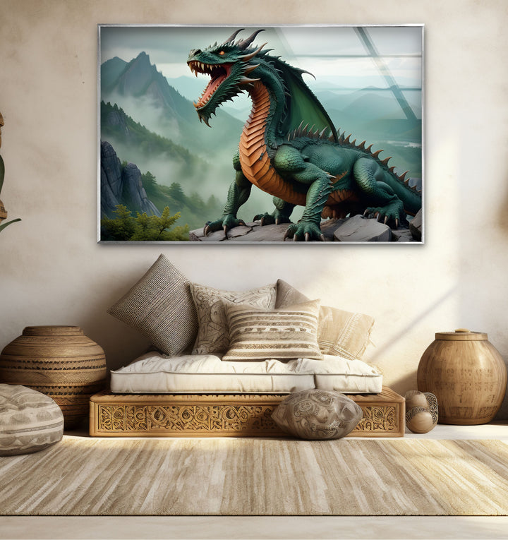 A stunning green dragon with intricate scale details, captured in vivid color on durable glass wall art.
