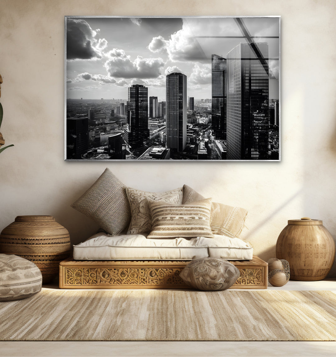 Artistic black and white abstract drawings depicting the grandeur of a cityscape.