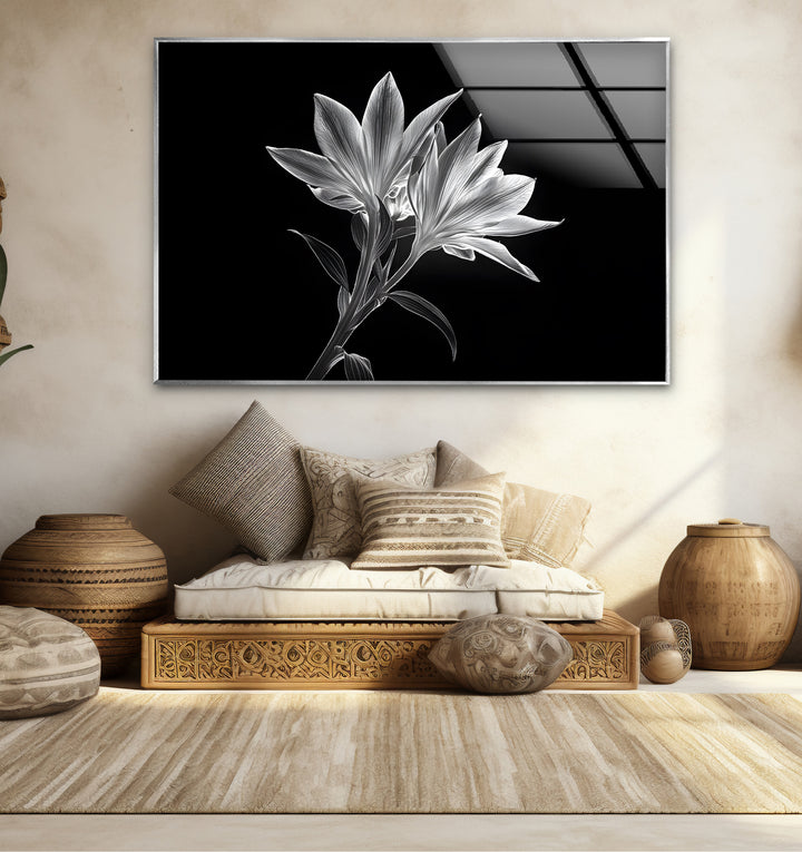 Refined black and white abstract drawings featuring x-ray lilies in a contemporary composition.