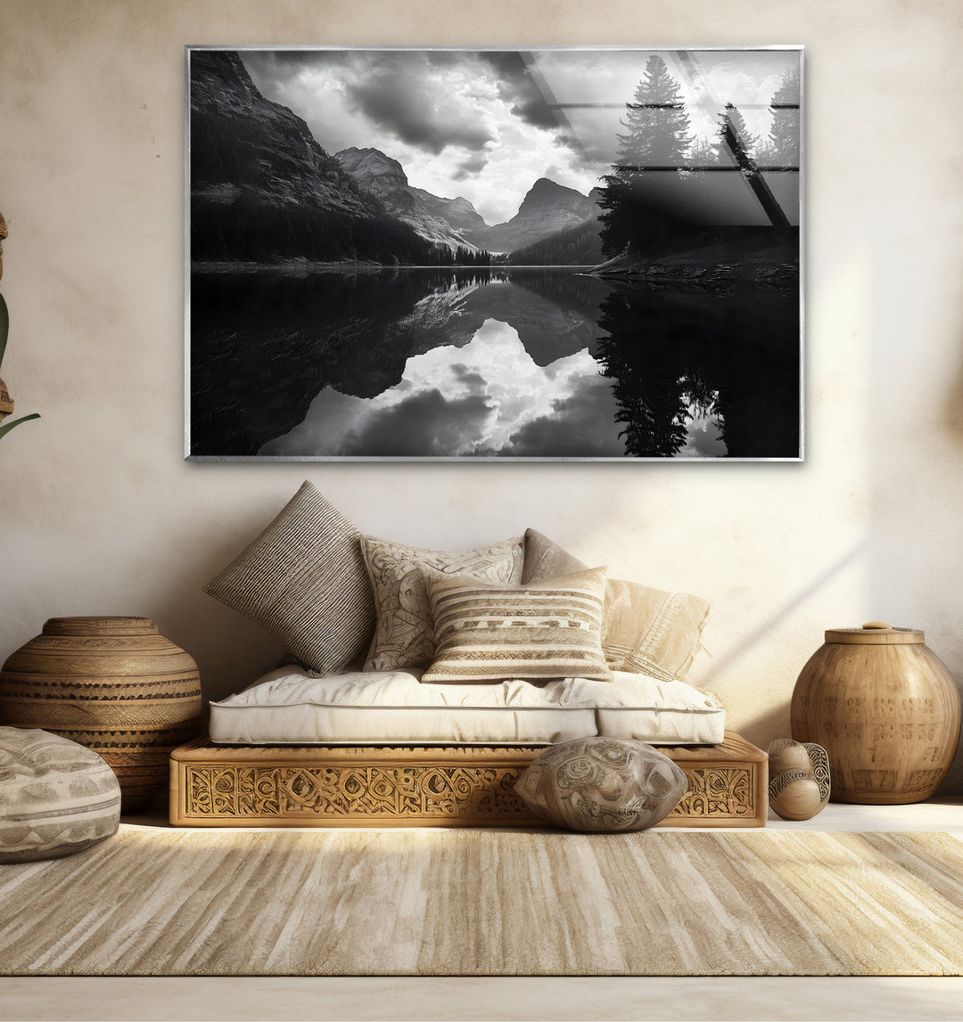 Chic black and white wall art of a serene lake ideal for enhancing modern interiors with natural charm
