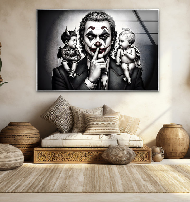 Stylish black and white framed art portraying the Joker deep in thought, blending realism with abstraction.