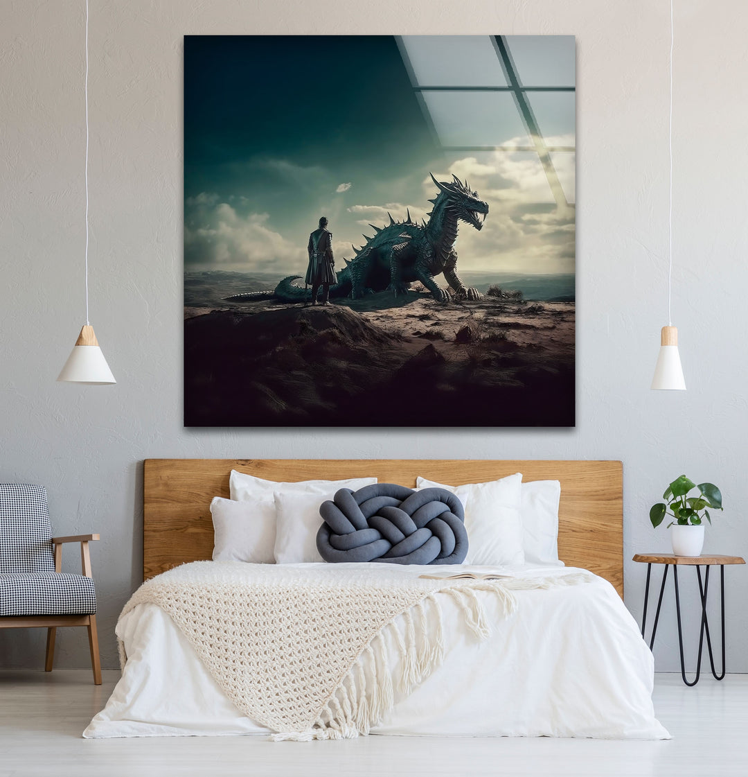 Capture the spirit of adventure and strength with this breathtaking dragon rider artwork, printed on durable glass.
