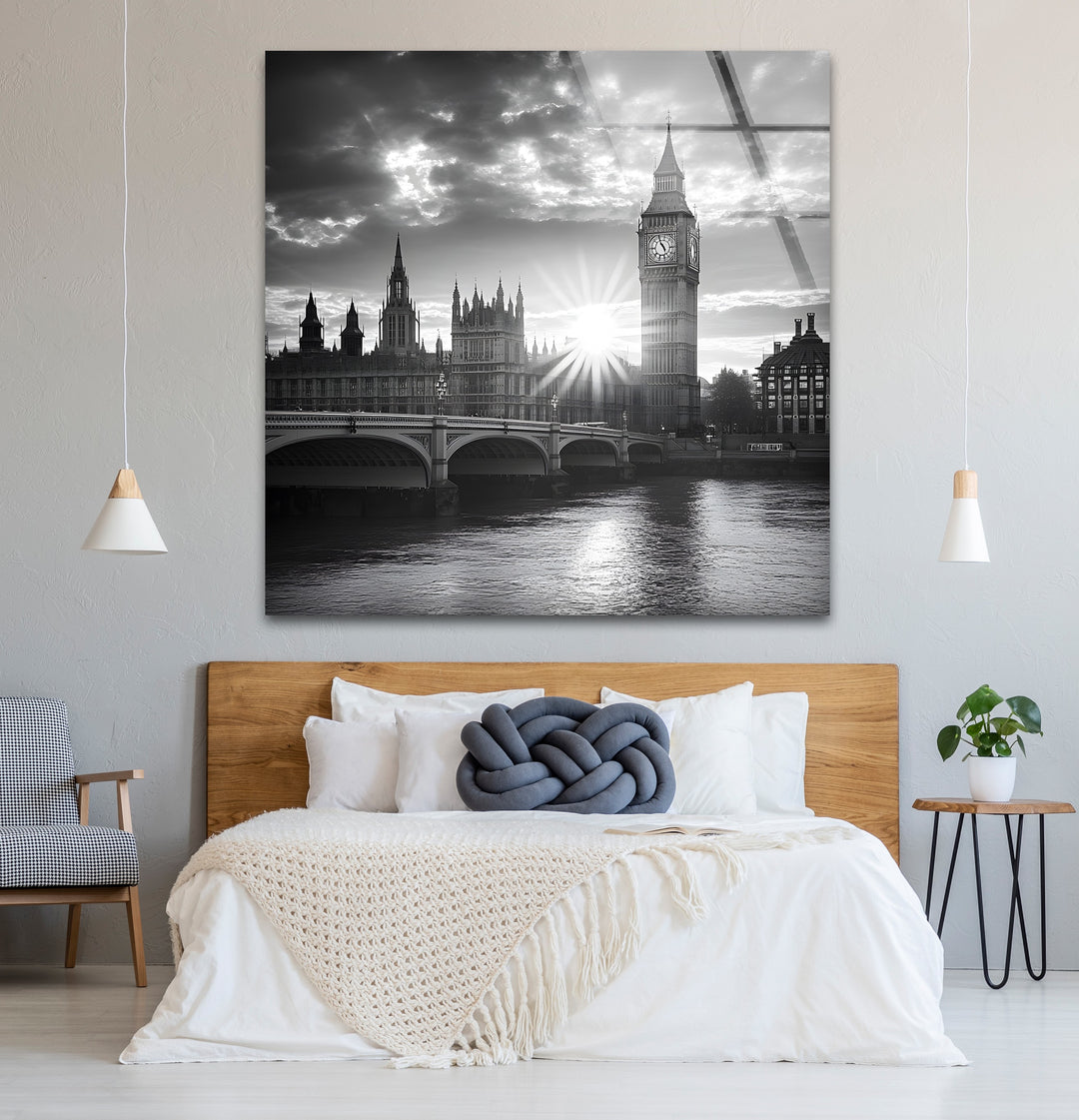 Artistic black and white abstract art portraying Westminster Bridge with expressive lines and bold contrasts
