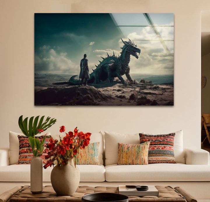 A magnificent dragon and rider in an epic landscape, brought to life on high-quality glass wall art.
