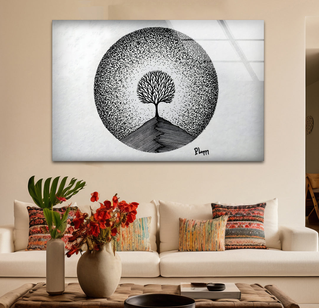 Artistic black and white paintings of a tree, blending nature with contemporary design.