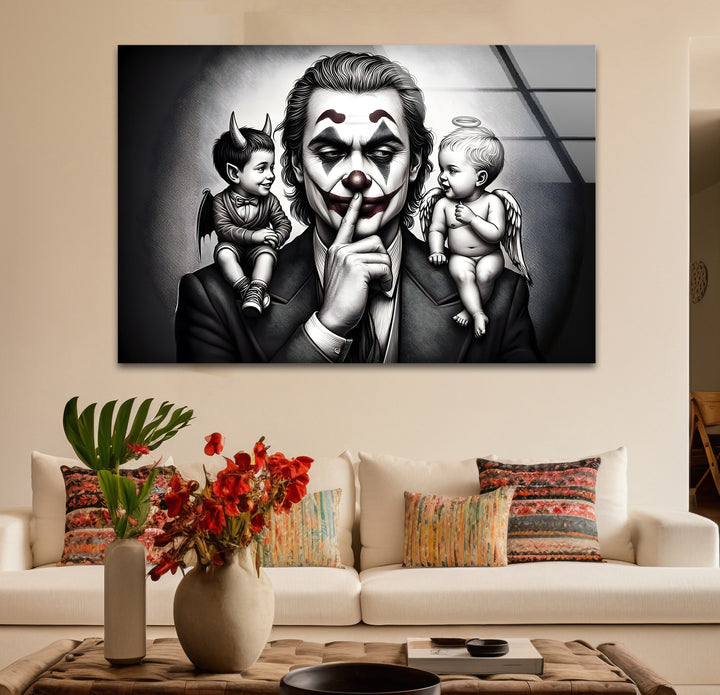 Modern black and white paintings of the Joker, combining iconic imagery with abstract artistry.