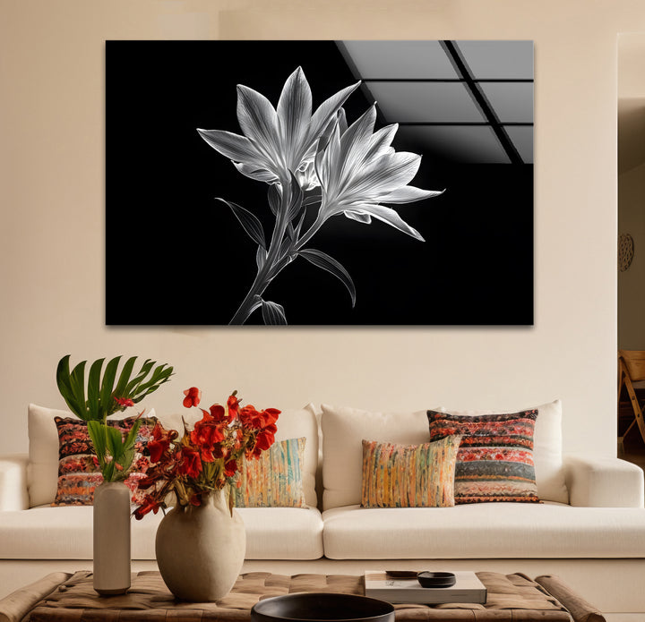 Artistic black and white abstract art portraying lilies with x-ray detailing and soft textures.