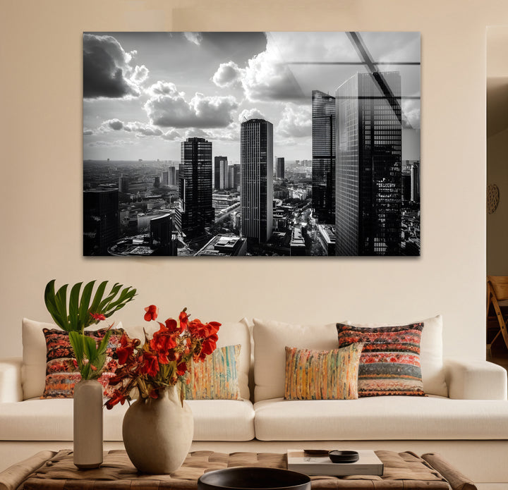 Stylish black and white abstract art highlighting the geometric forms of city buildings.