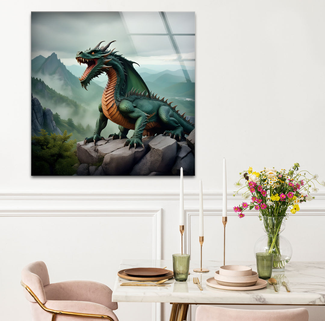 The power of a green dragon, captured in vivid detail, making a bold statement on high-quality glass wall art.
