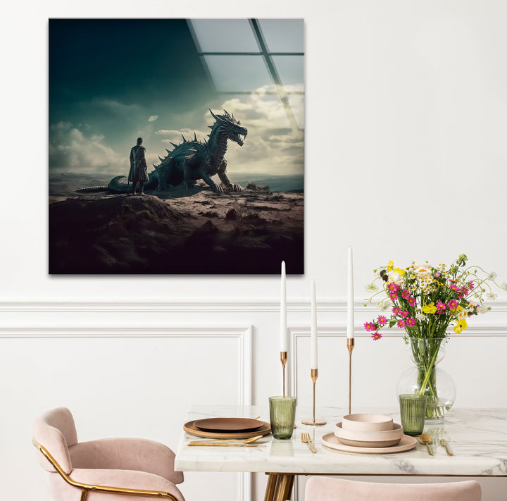 A fierce dragon and its rider take center stage in this stunning glass wall art, perfect for any fantasy lover’s space.
