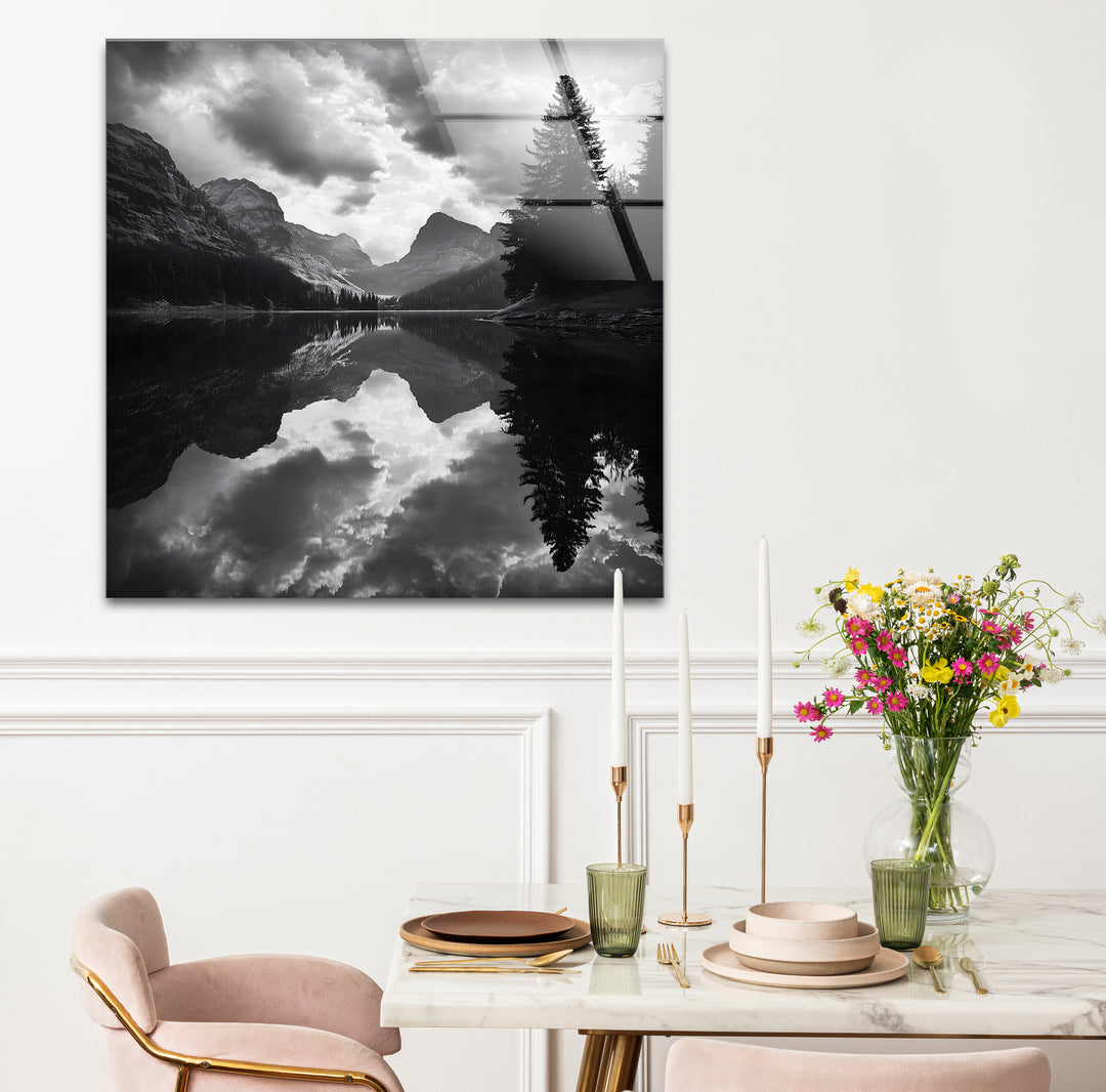 Artistic black and white abstract art portraying a lake with expressive lines and soft contrasts
