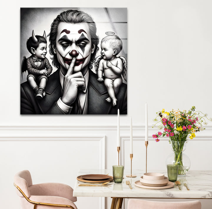 Bold black and white abstract art of the Joker in a thinking pose, perfect for adding drama to your space.