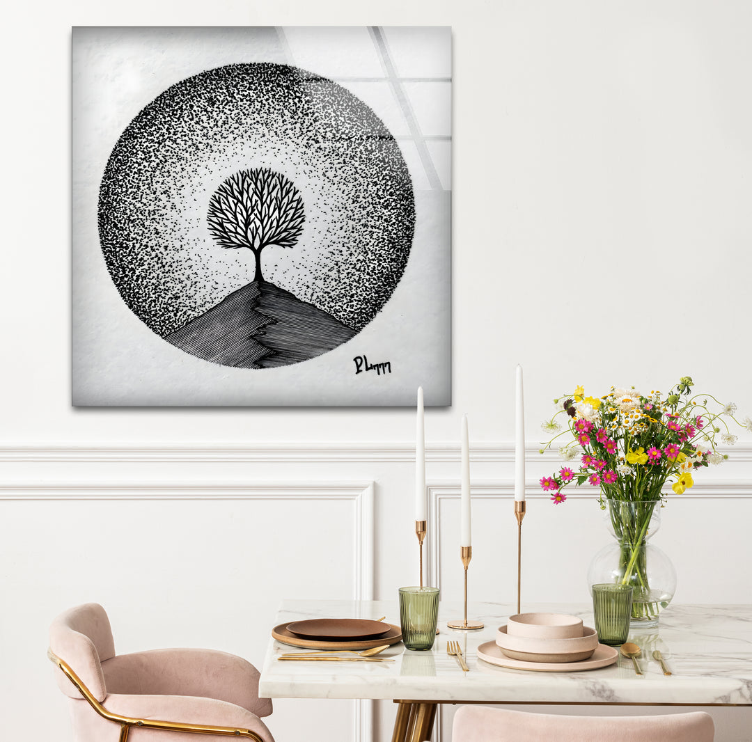 Stylish black and white abstract art depicting a tree with bold lines and textures.