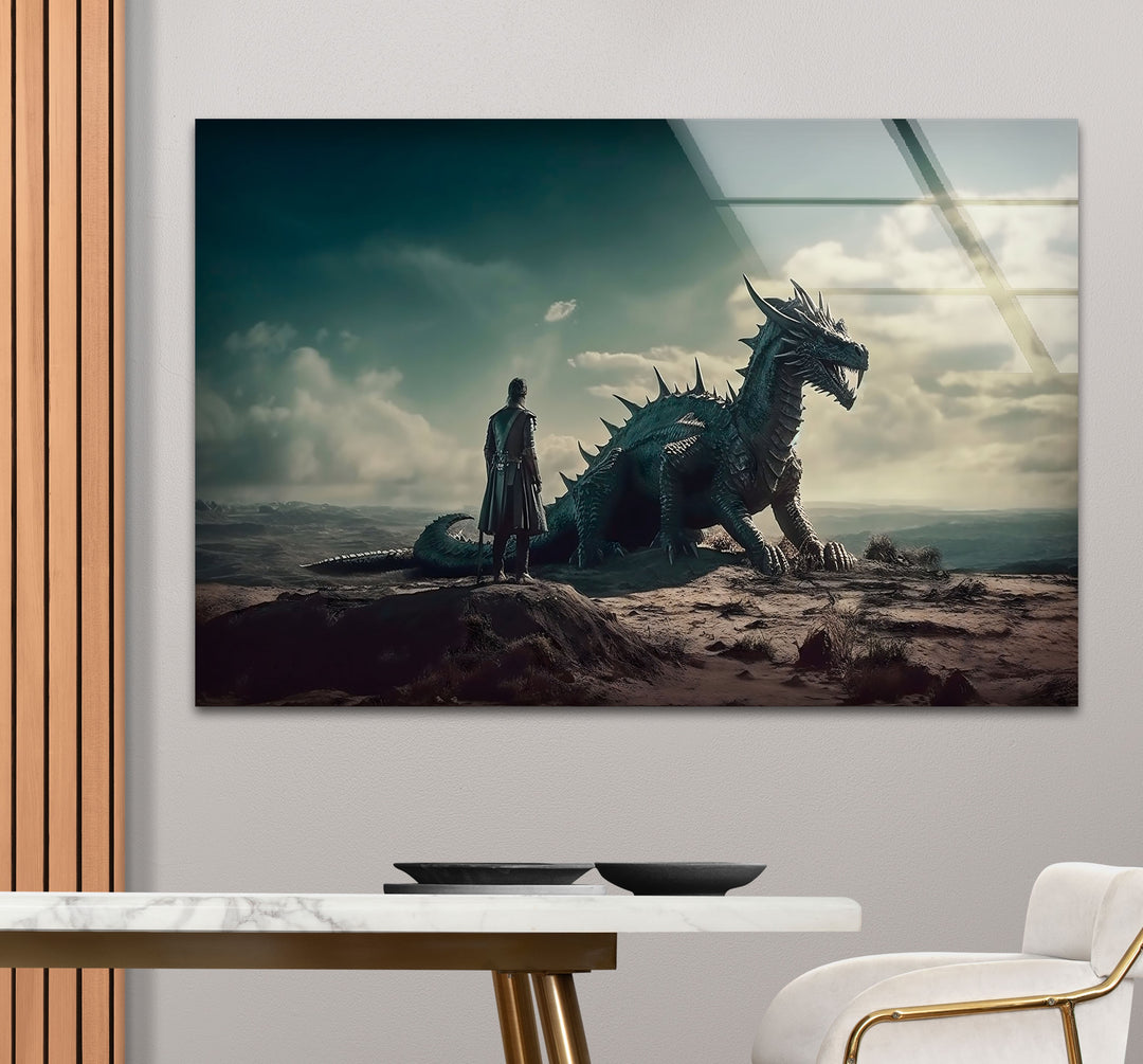 Step into the world of fantasy with a detailed dragon rider artwork, showcasing strength and unity on sleek glass.
