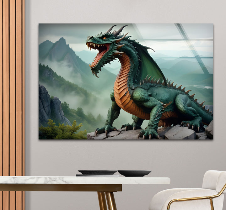 A breathtaking green dragon, surrounded by a mystical landscape, printed on sleek glass for an unforgettable look.
