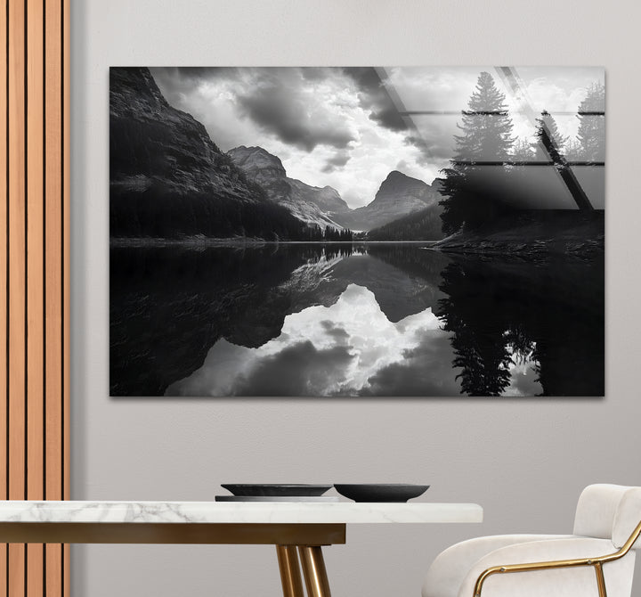 Sophisticated black and white framed art capturing the elegance of a lake landscape in a timeless design
