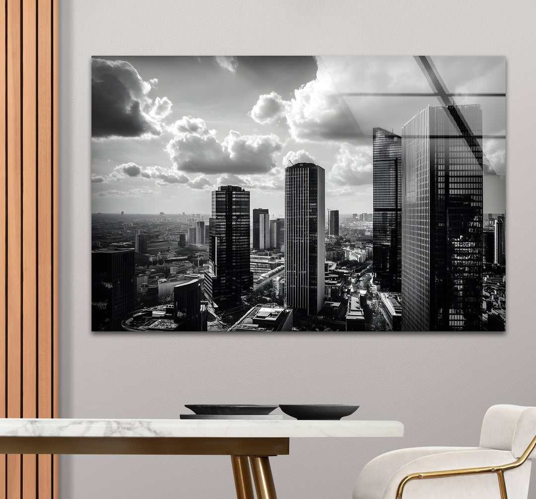 Modern black and white wall decor with a detailed view of a city skyline.