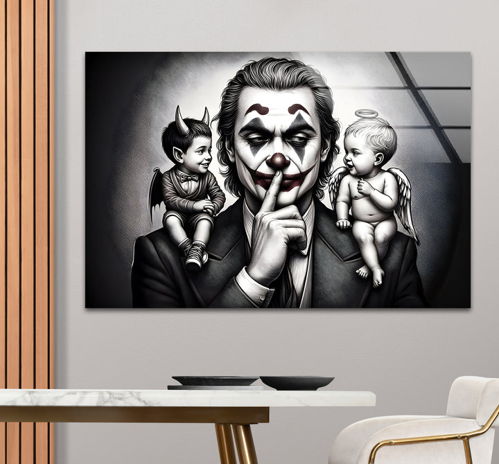 Captivating black and white framed art of the Joker, blending artistic flair with a deep sense of mystery.