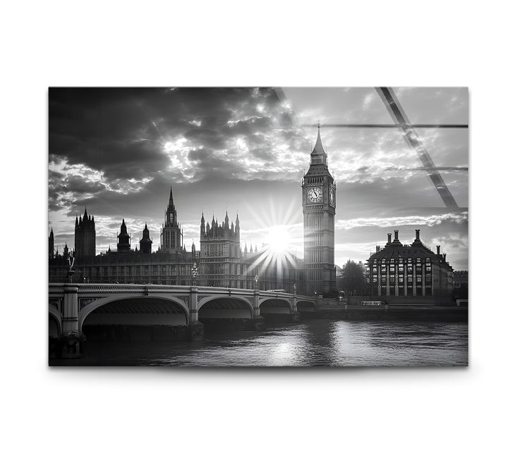 Black and white art featuring a stunning view of Westminster Bridge in London
