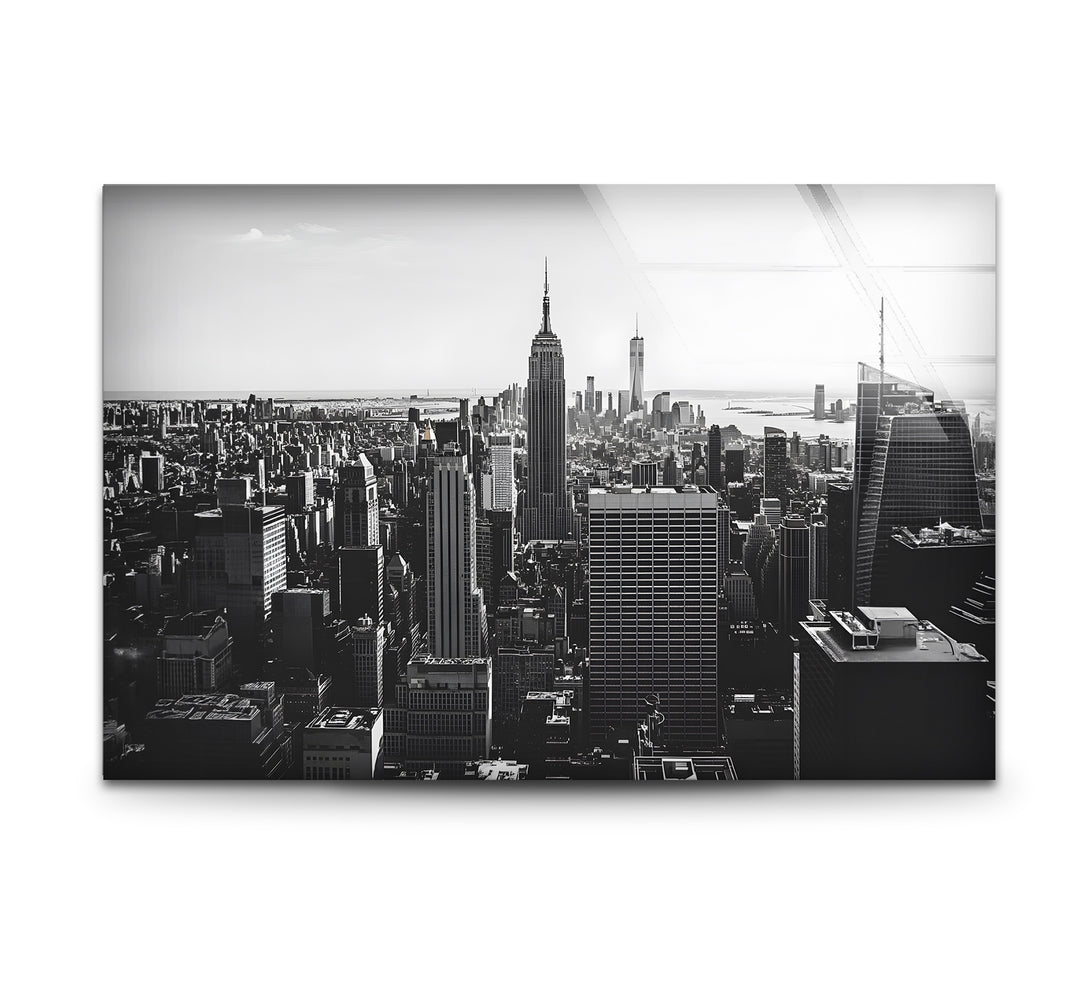 Black and white art featuring the iconic Empire State Building with intricate architectural details
