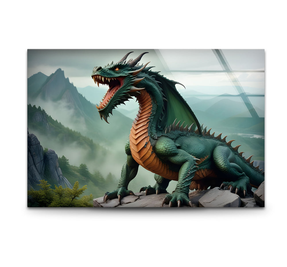 Bring mythical strength into your space with a magnificent green dragon artwork on high-quality glass.
