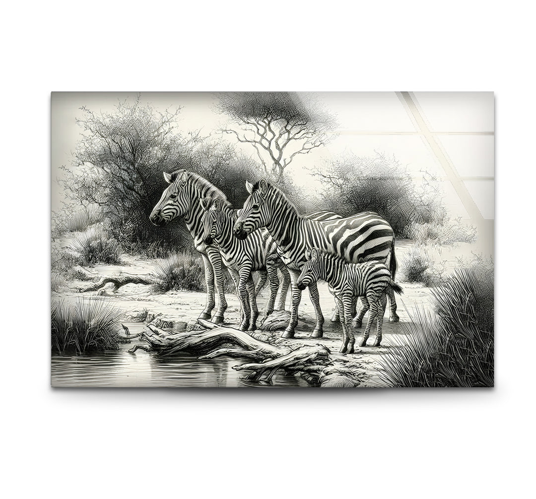 Elegant black and white wall art featuring a zebra family in a serene and natural setting.