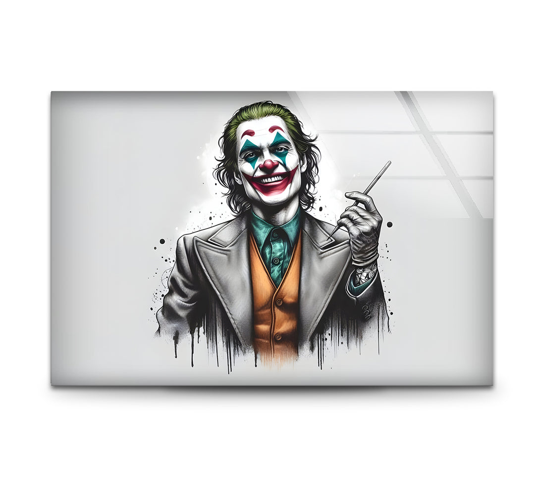 Bold black and white wall art featuring a dramatic watercolor design of the Joker.