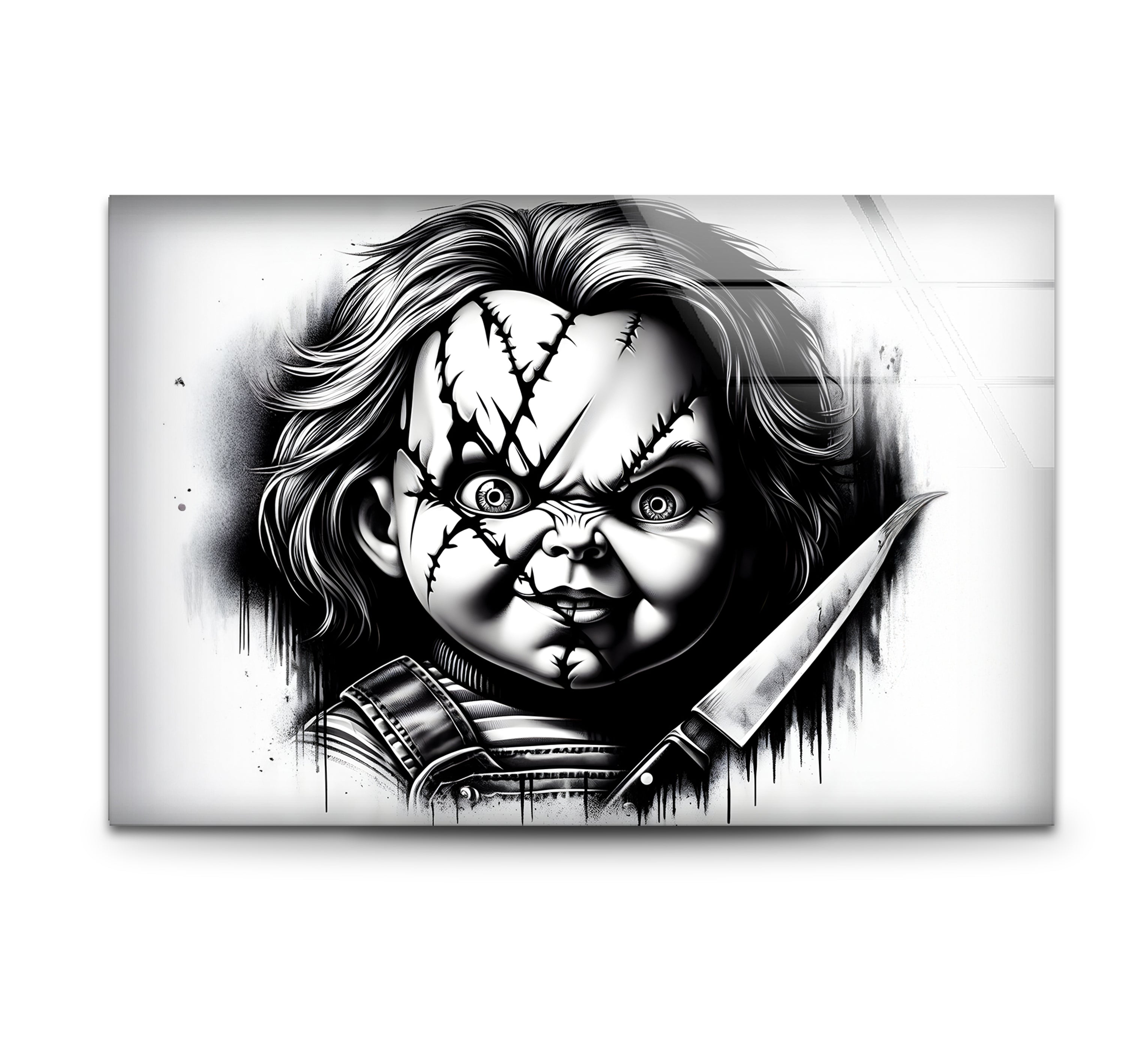 Bold black and white wall art featuring a detailed drawing of Chucky in a striking design.