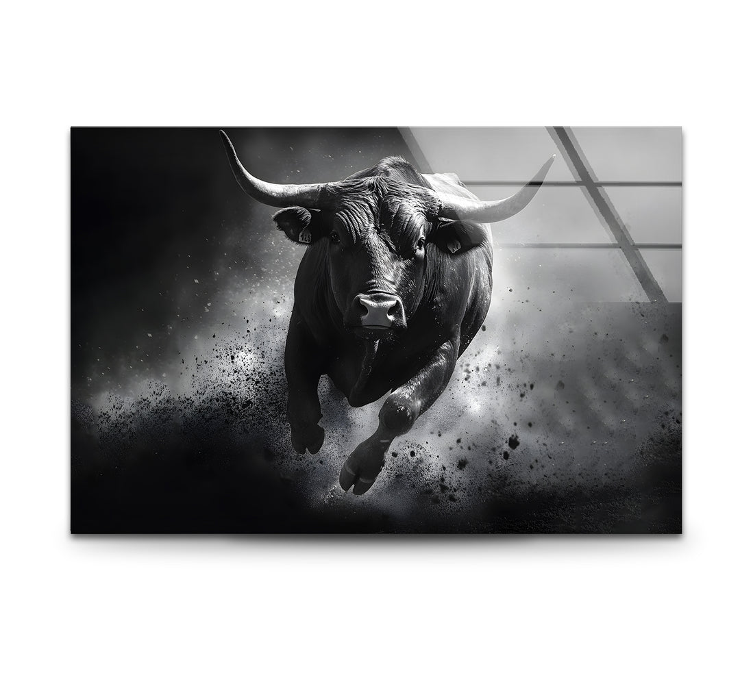 Black and white art featuring a dynamic depiction of a bull in motion with bold contrasts
